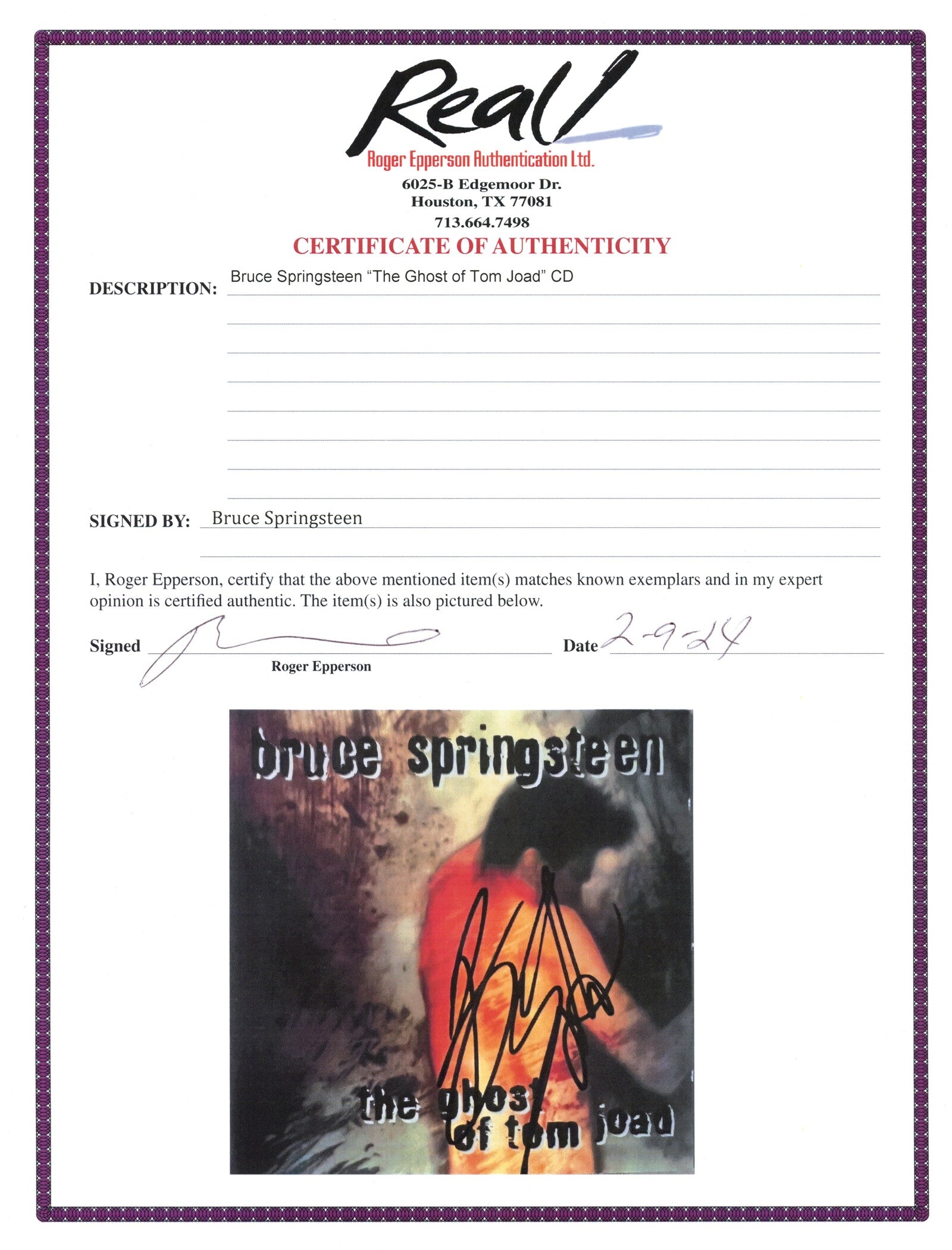 Signed "The Ghost of Tom Joad" by Bruce Springsteen