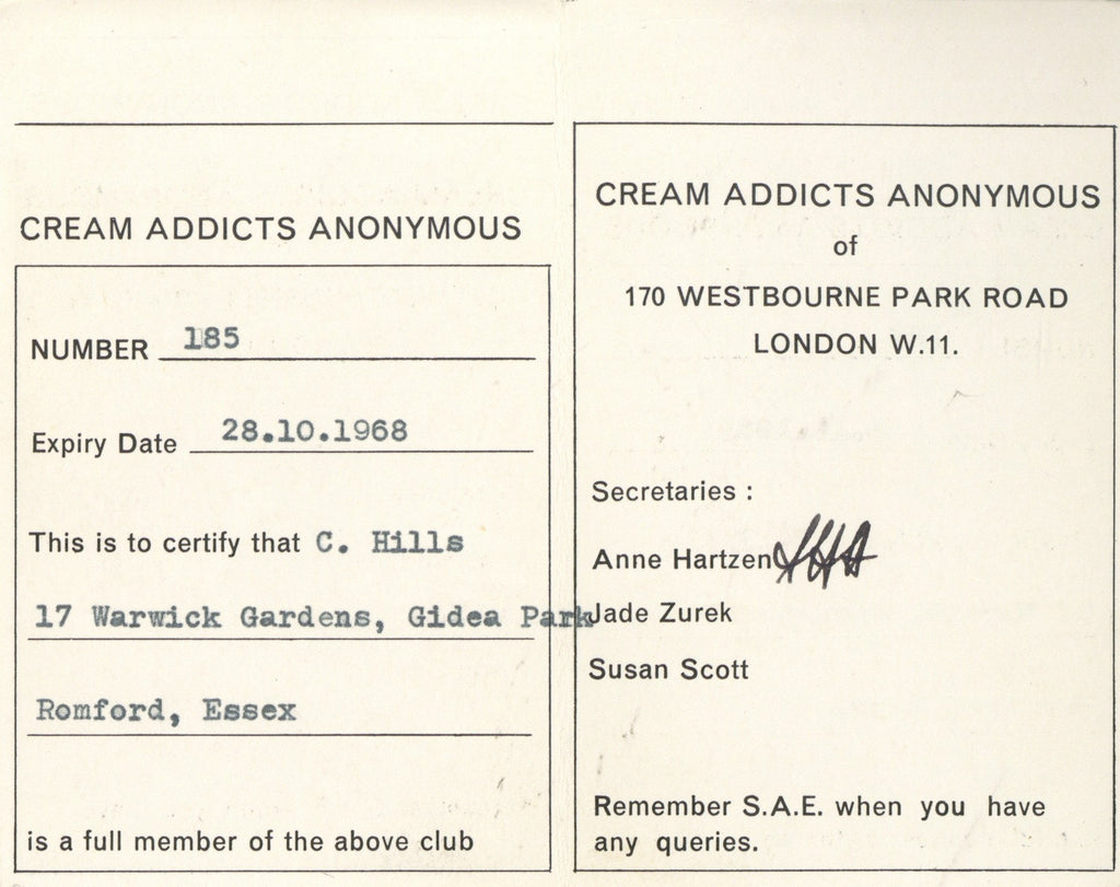 Cream Addicts Anonymous 1967-68 membership card