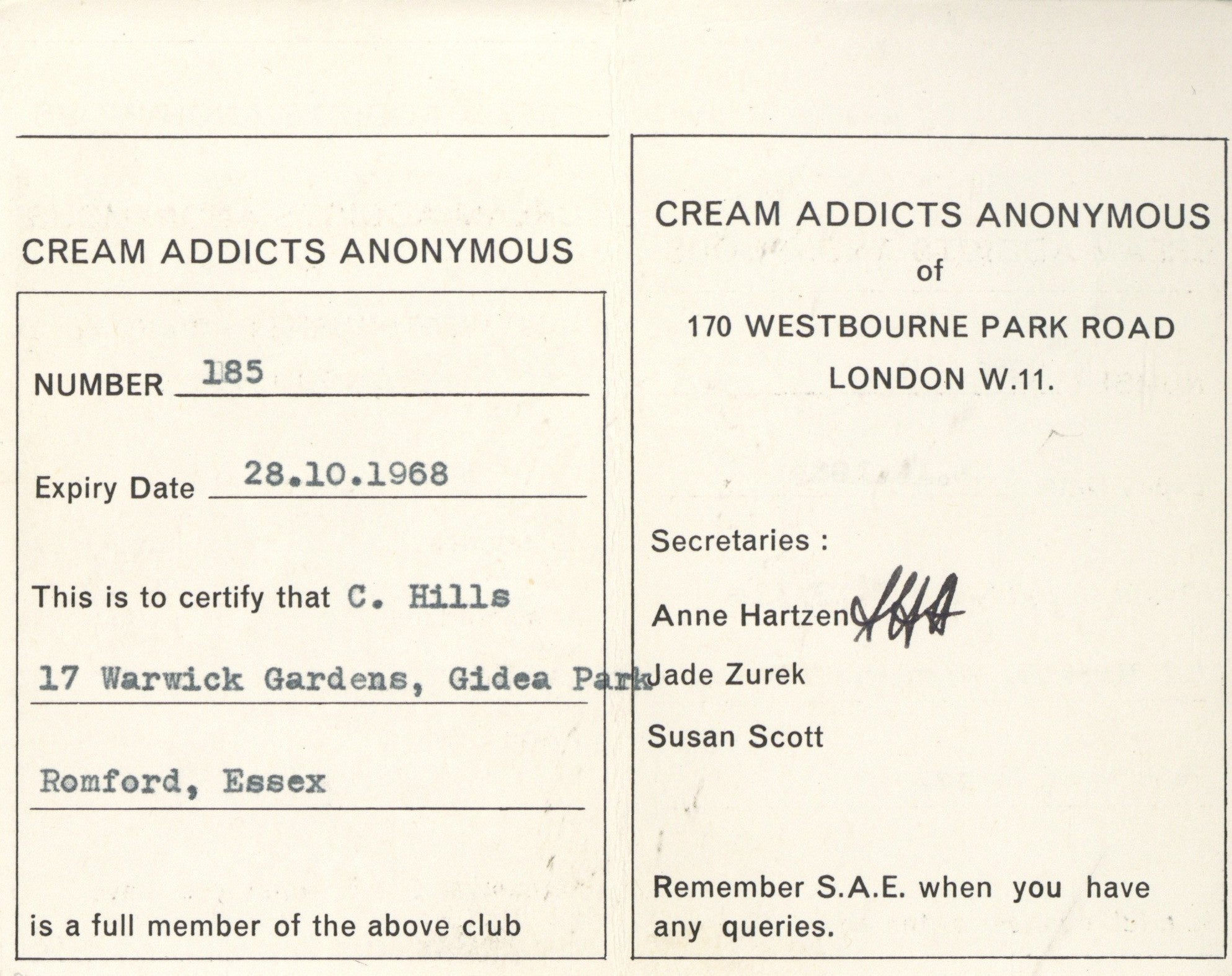 Cream Addicts Anonymous 1967-68 membership card