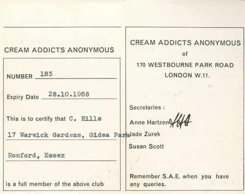 Cream Addicts Anonymous 1967-68 membership card