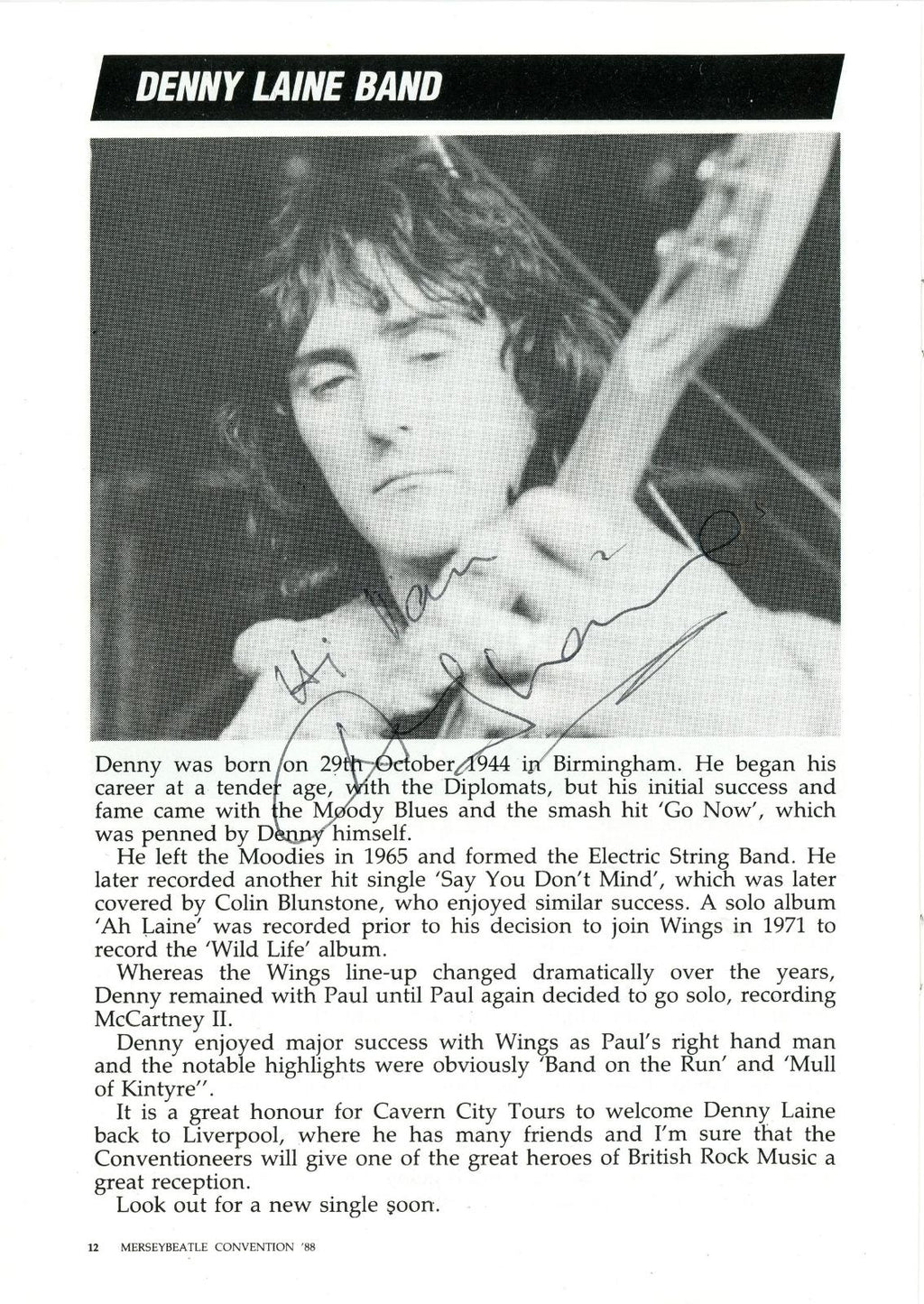Denny Laine signed Mersey festival programme 1988