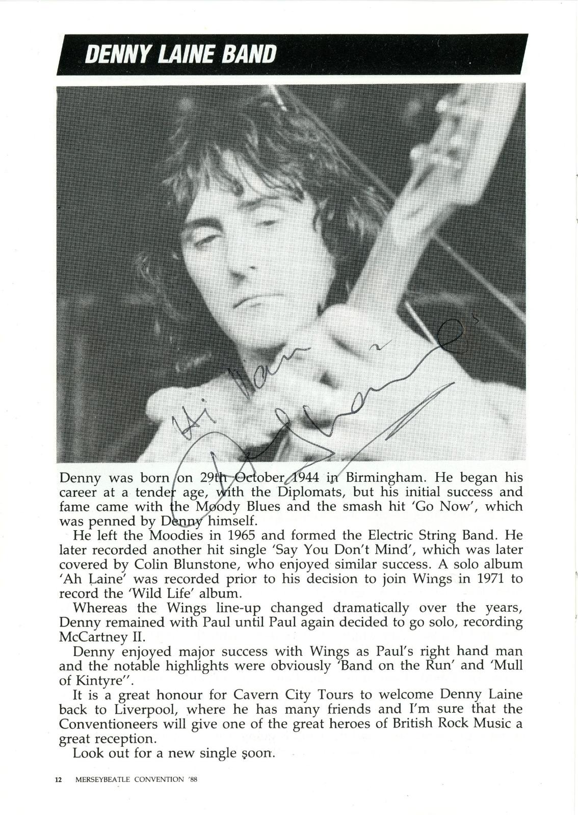 Denny Laine signed Mersey festival programme 1988