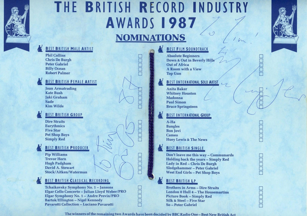 The British Record Industry Awards Show 1987 Dinner menu signed