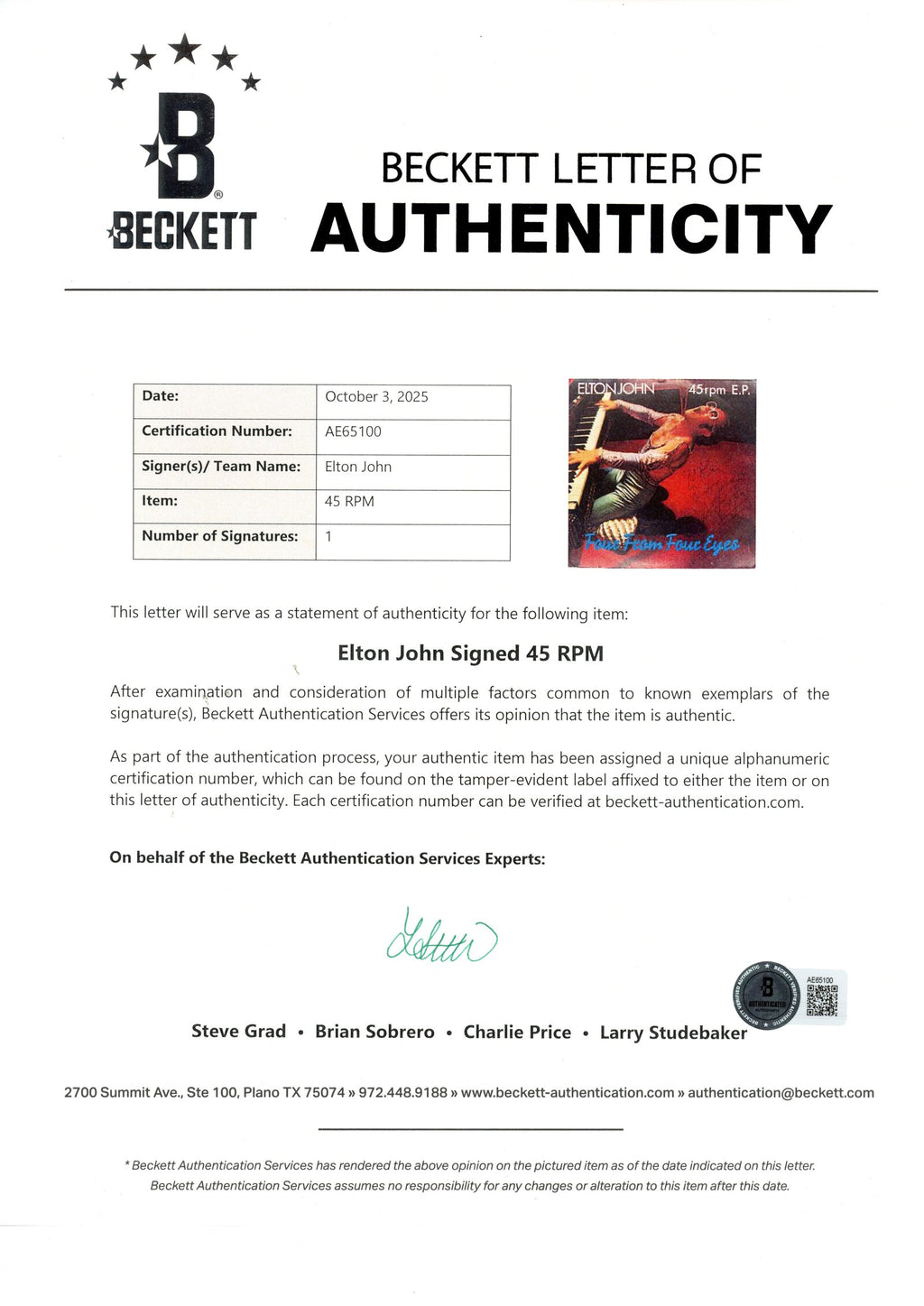 Elton John Signed Four From Four Eyes 7” Vinyl EP