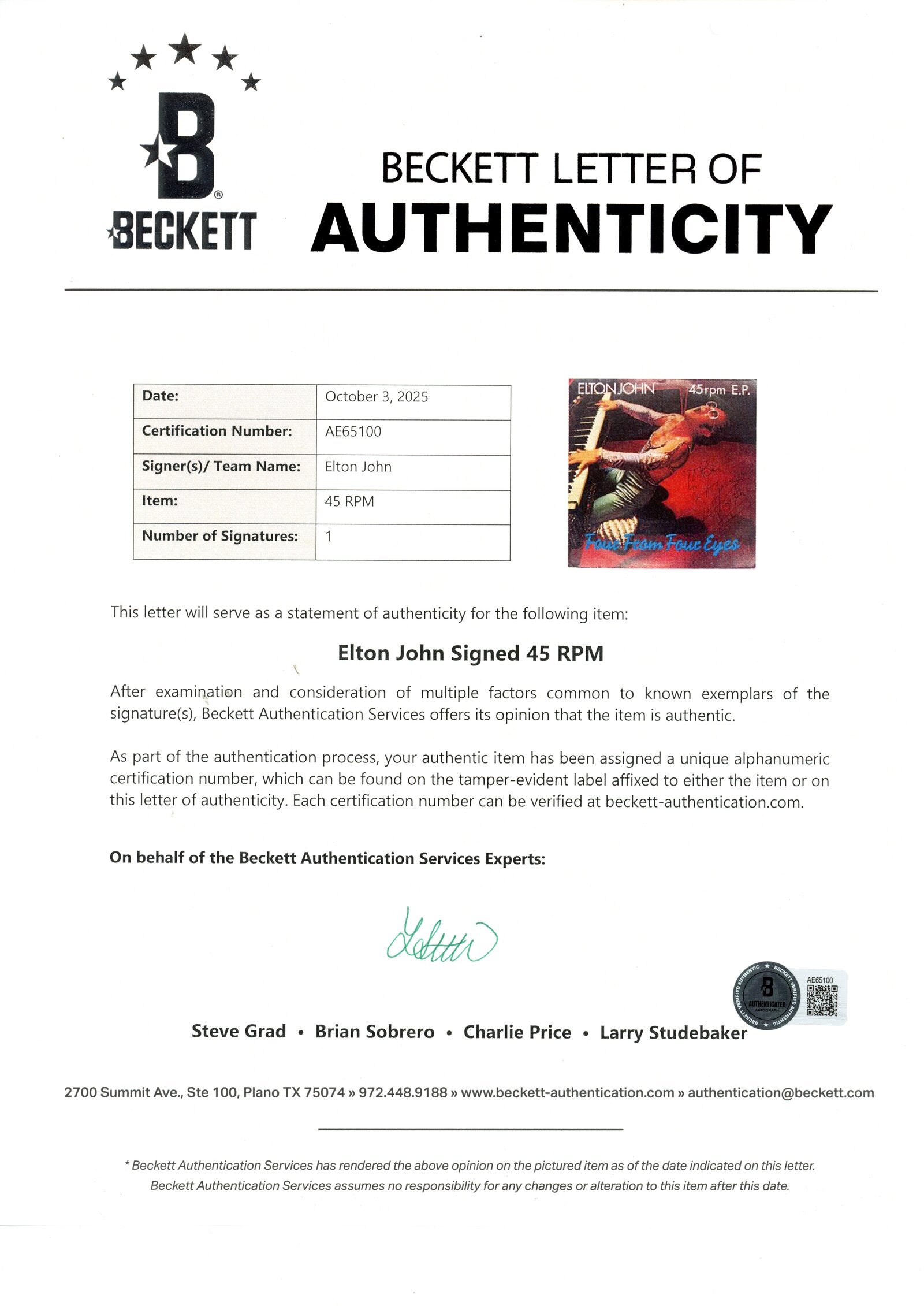 Elton John Signed Four From Four Eyes 7” Vinyl EP