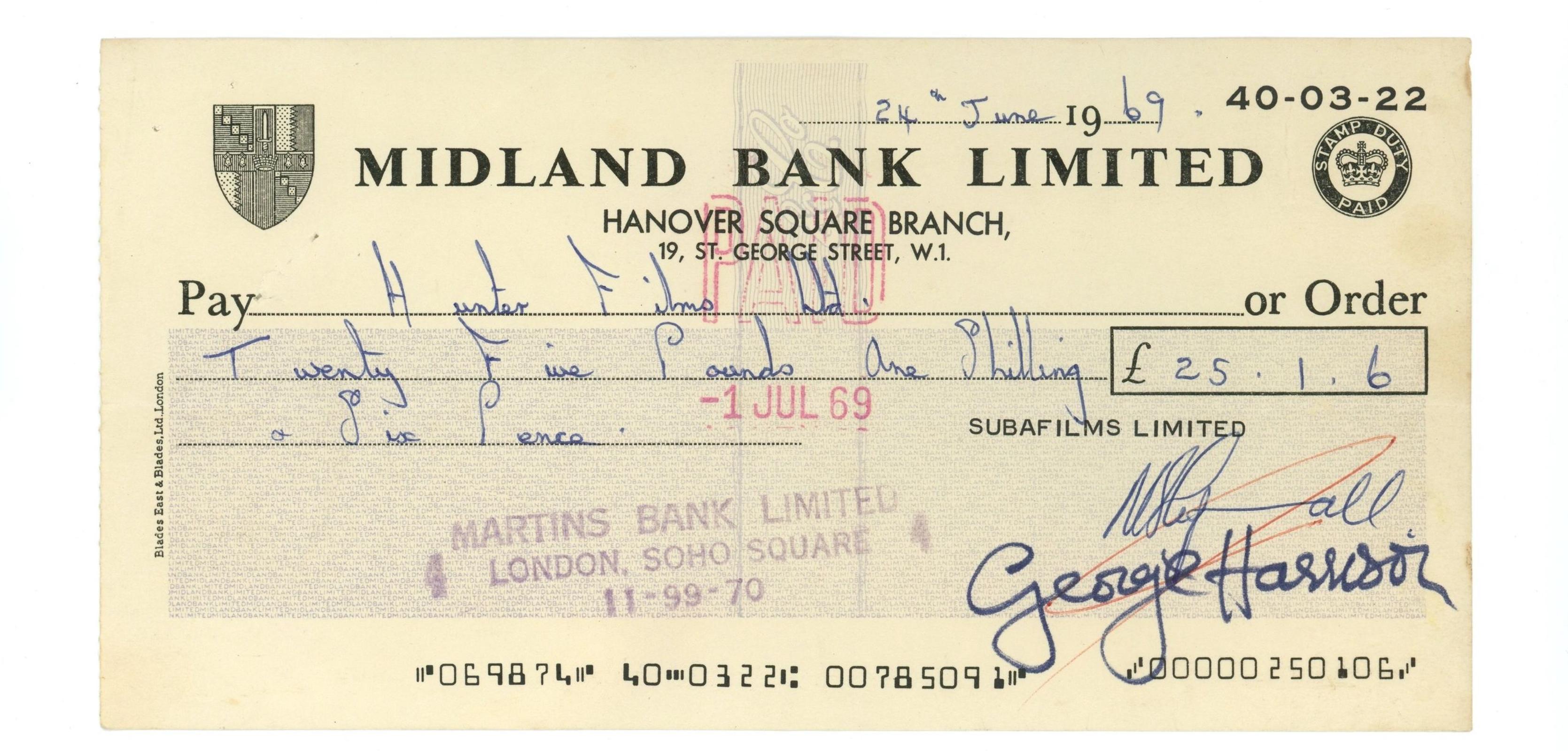 George Harrison and Neil Aspinall 1969 signed cheque