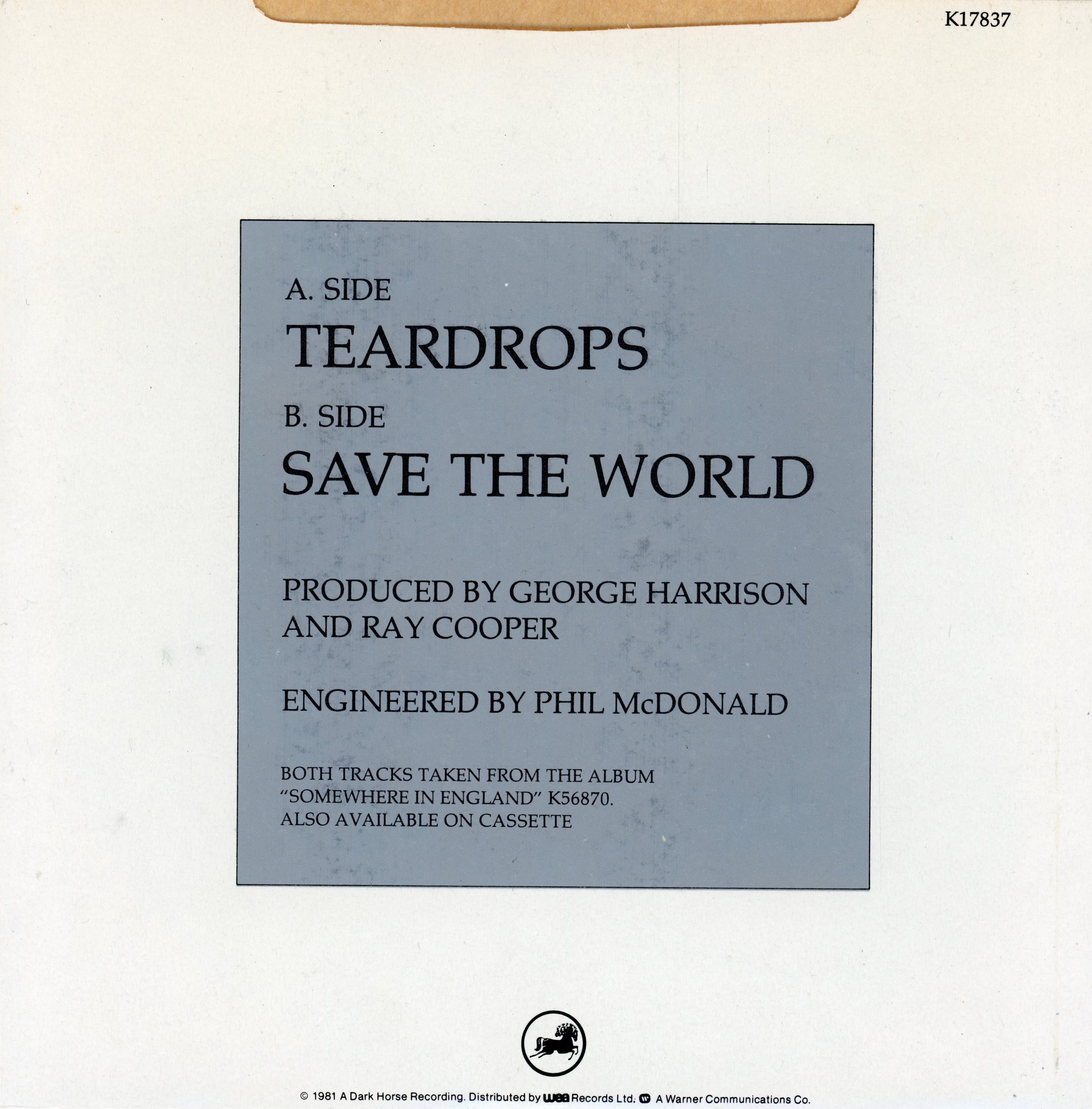 George Harrison Teardrops 7” picture sleeve single