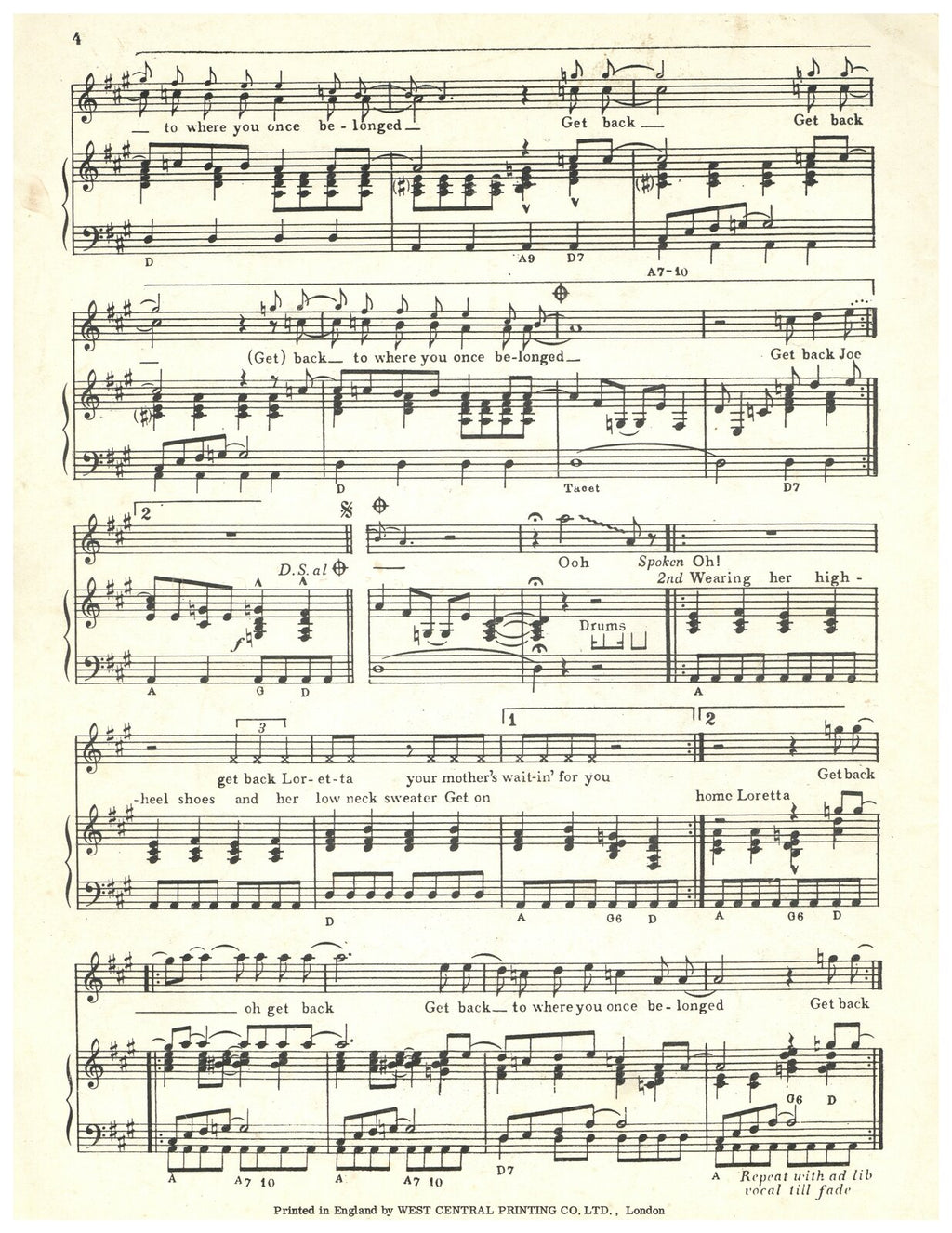 The Beatles “Get Back” sheet music