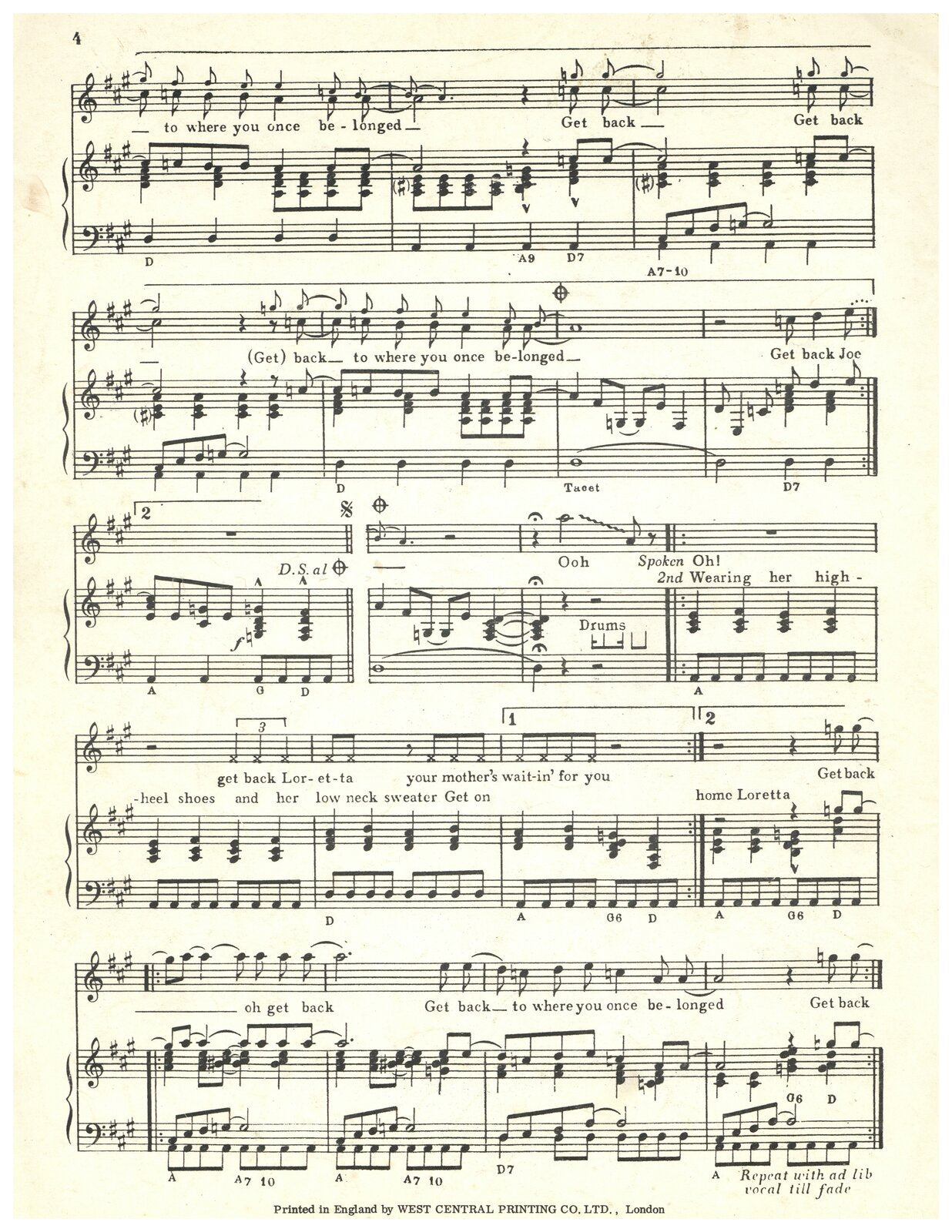 The Beatles “Get Back” sheet music