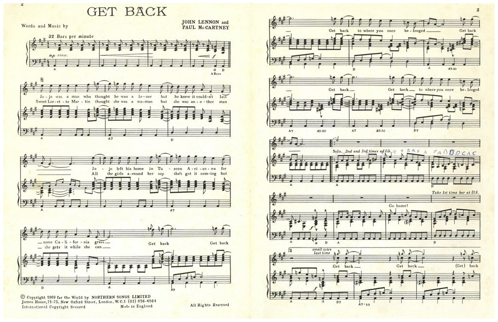 The Beatles “Get Back” sheet music