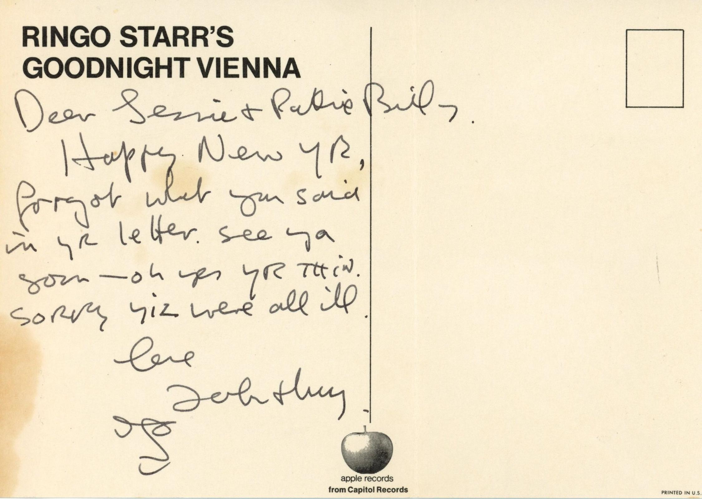John Lennon 1975 lost weekend Handwritten postcard