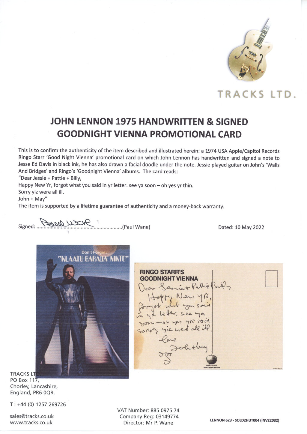 John Lennon 1975 lost weekend Handwritten postcard