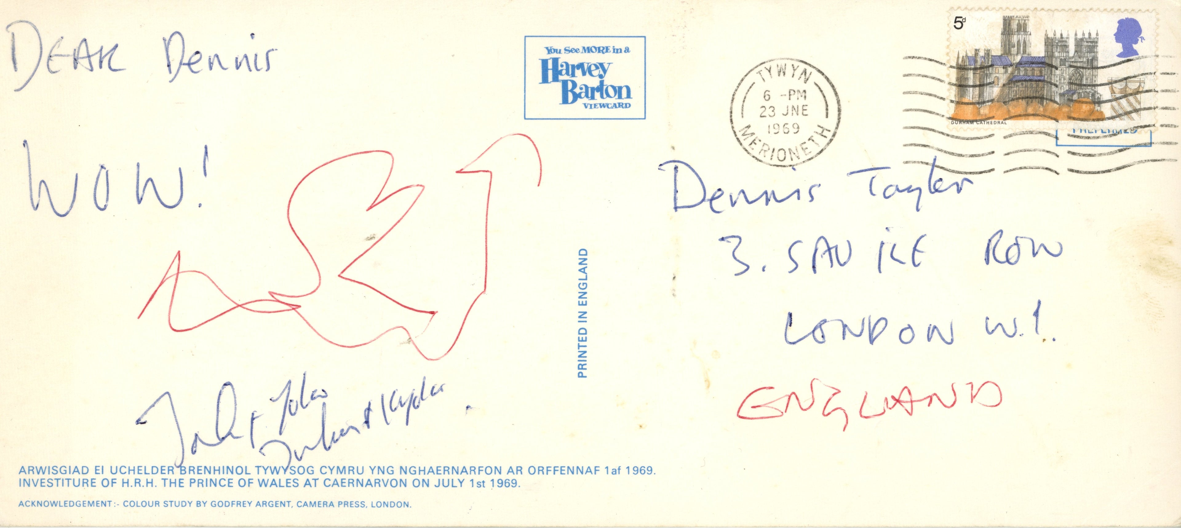 A Postcard from John Lennon To Derek Taylor 1969