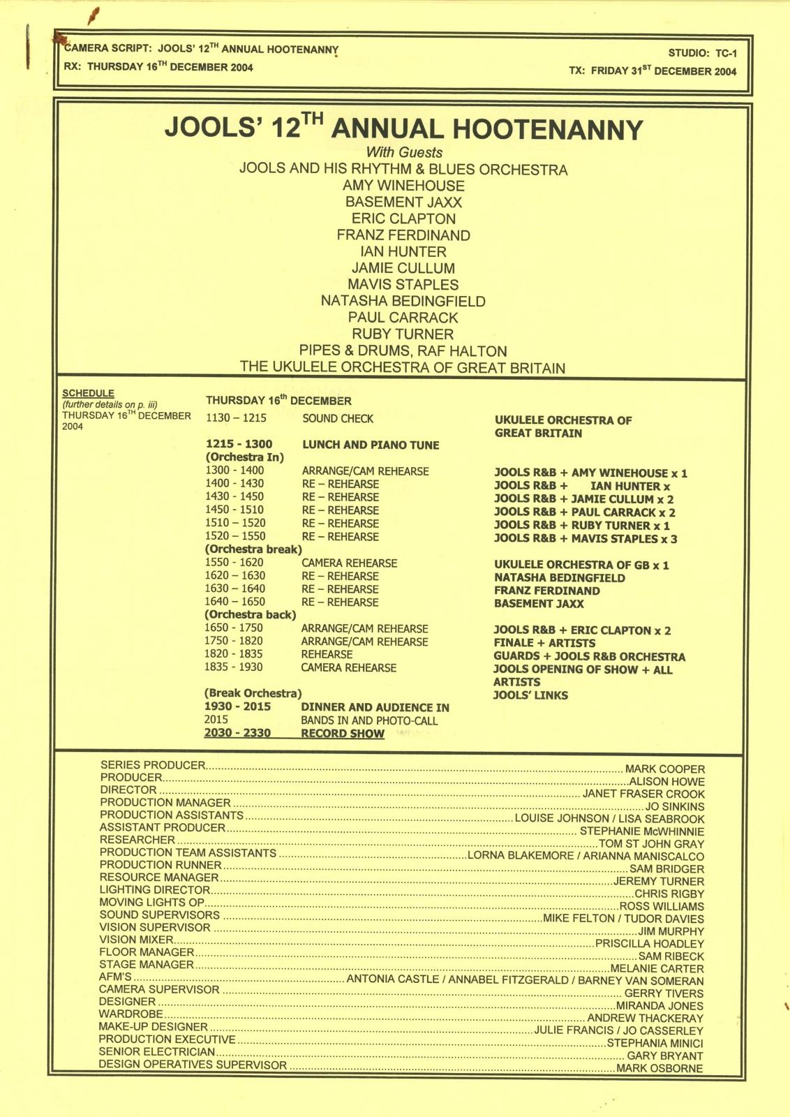 Jools Holland Annual Hootenanny with Amy Winehouse and Eric Clapton BBC staff script