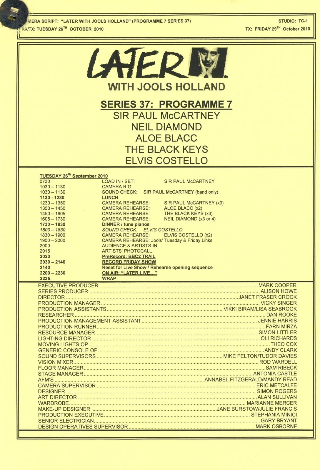 BBC script For later with Jools Holland series 37 programme 7 with Sir Paul McCartney