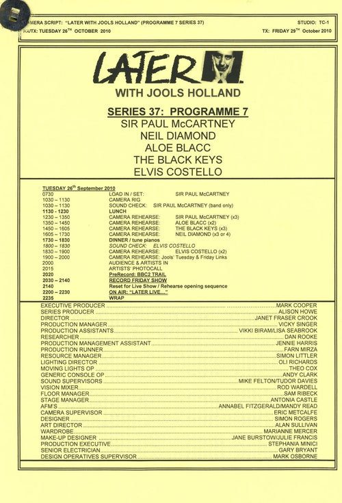 BBC script For later with Jools Holland series 37 programme 7 with Sir Paul McCartney