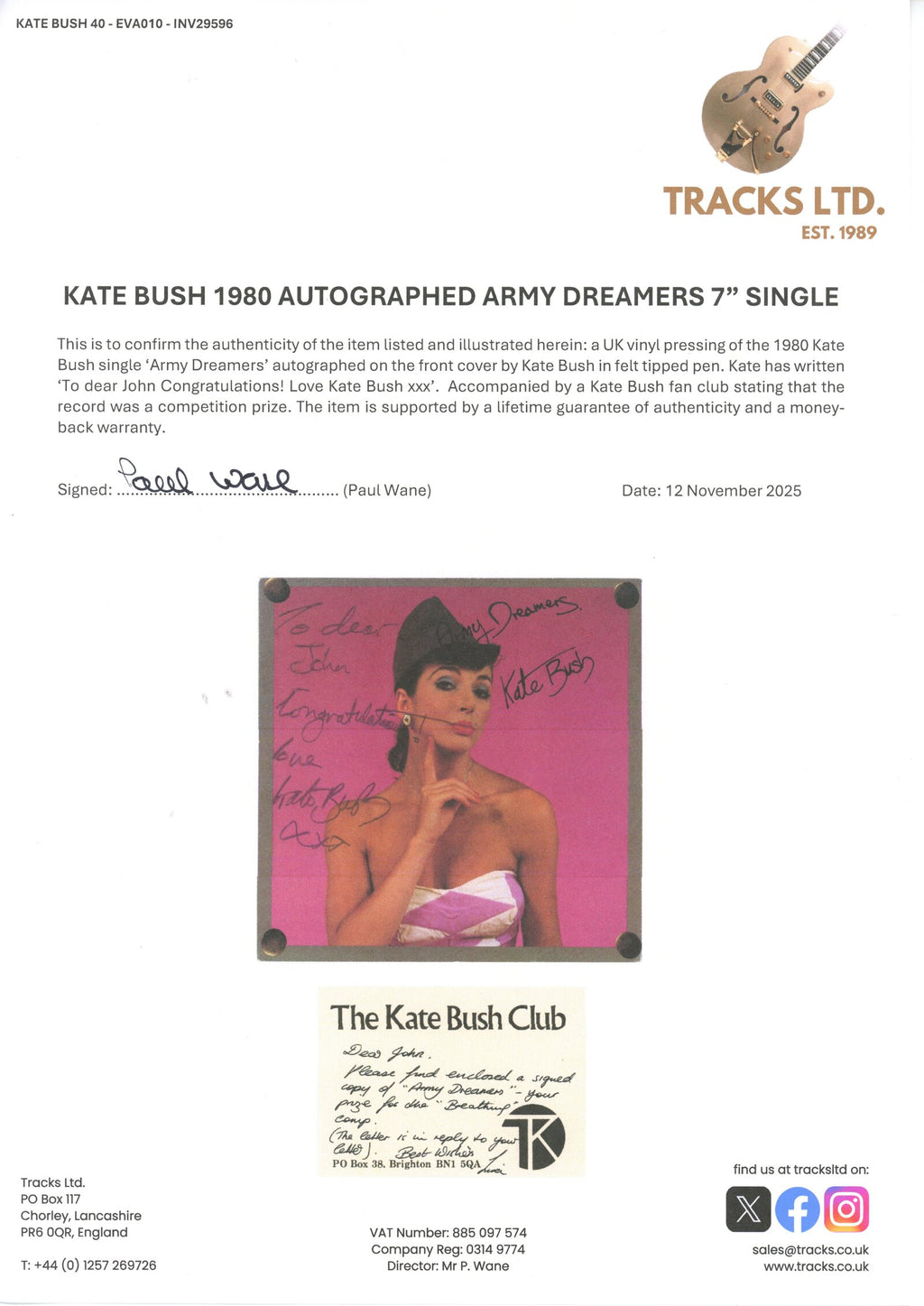 Kate Bush signed 1980 7” single “Army Dreamers”