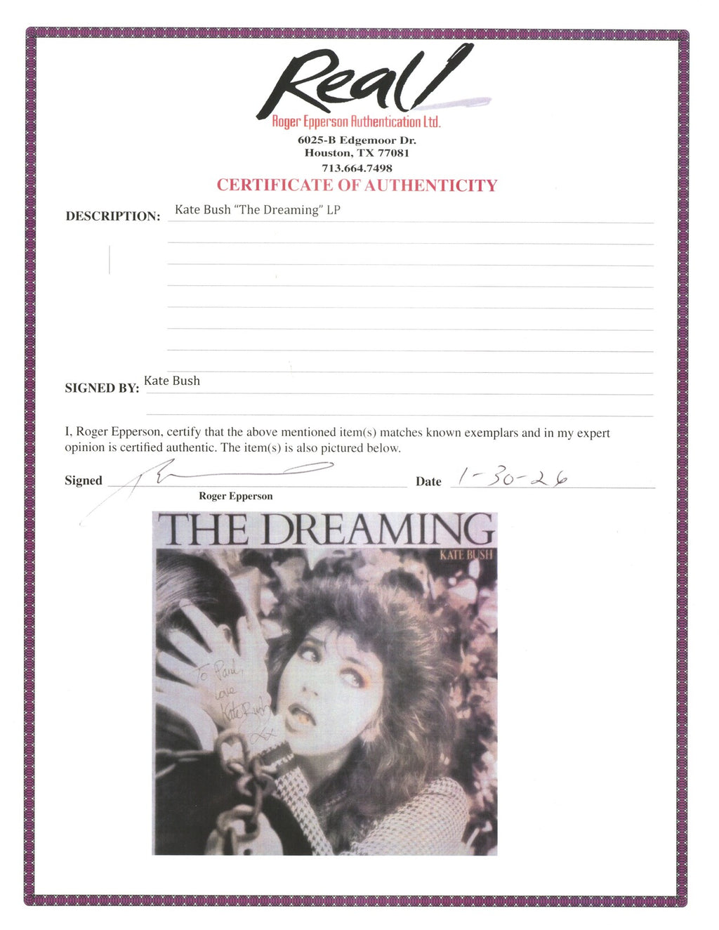 Kate Bush Signed “The Dreaming” LP