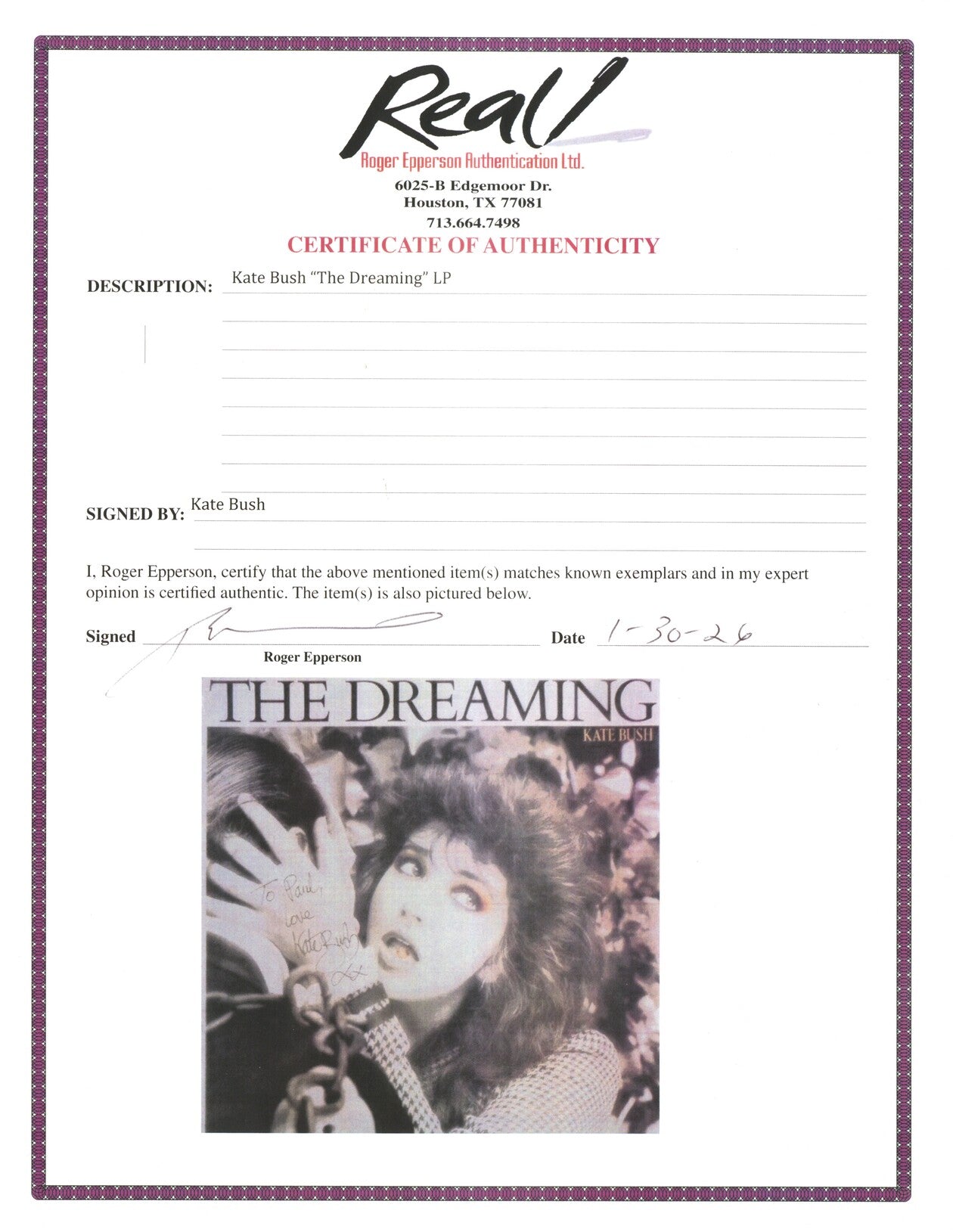 Kate Bush Signed “The Dreaming” LP
