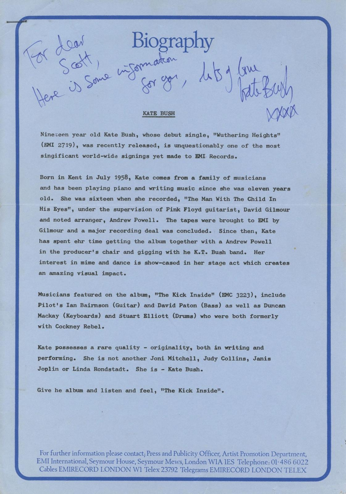 Kate Bush Signed “The Kick Inside” 1978 EMI Records press release