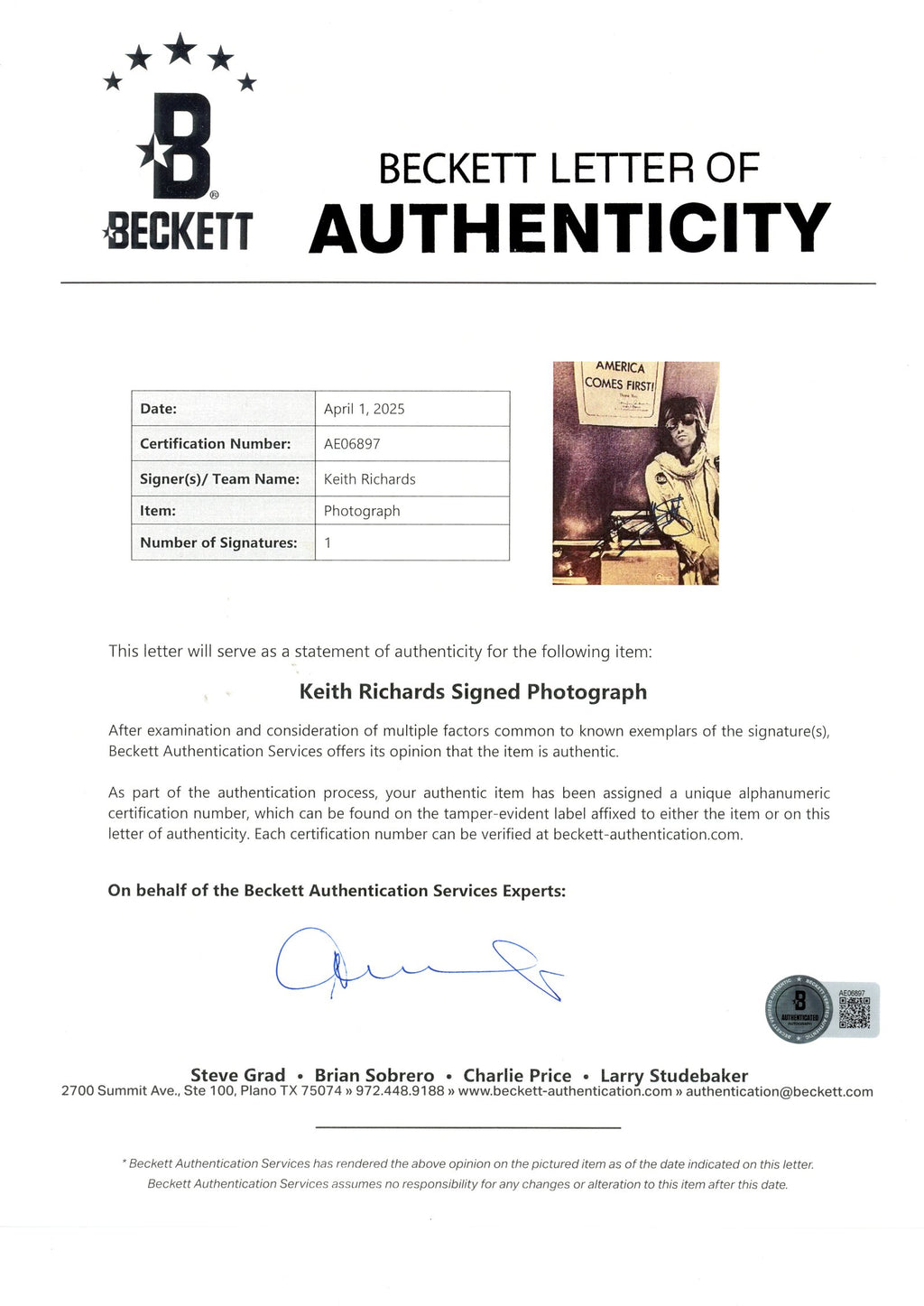 Keith Richards signed oversized 1972 photograph