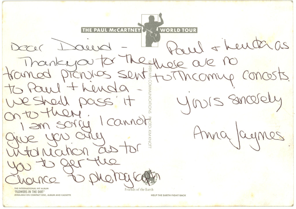 Linda McCartney signed World tour postcard C1989/1990