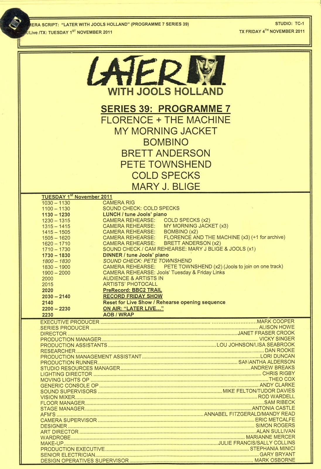 BBC script For later with Jools Holland series 39 programme 7 with Florence + The Machine 2011
