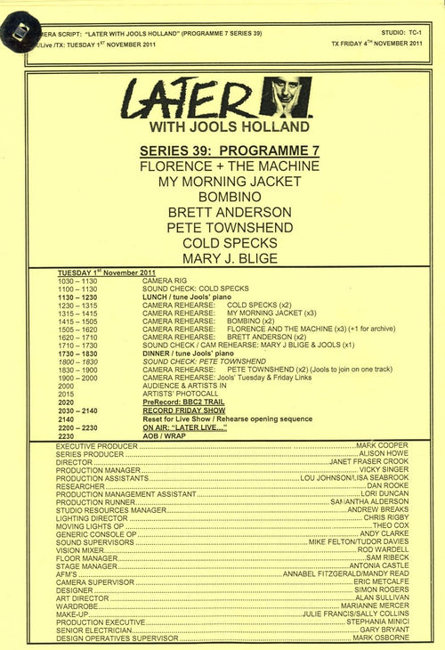 BBC script For later with Jools Holland series 39 programme 7 with Florence + The Machine 2011