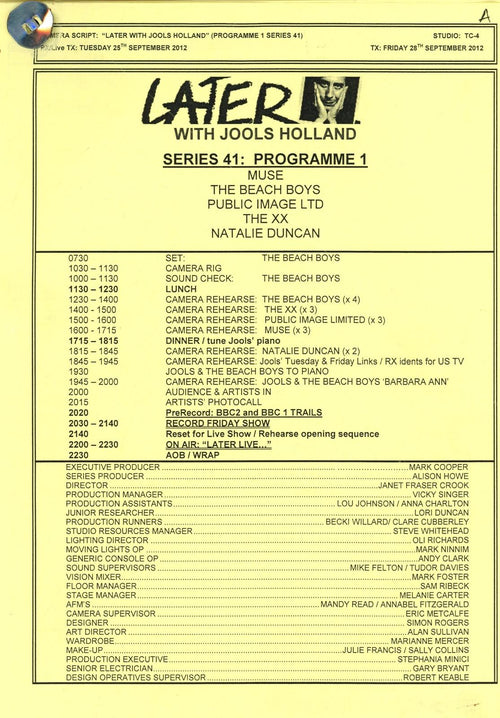 BBC script for later with Jools Holland series 41 programme 1 with The Beach Boys in 2012
