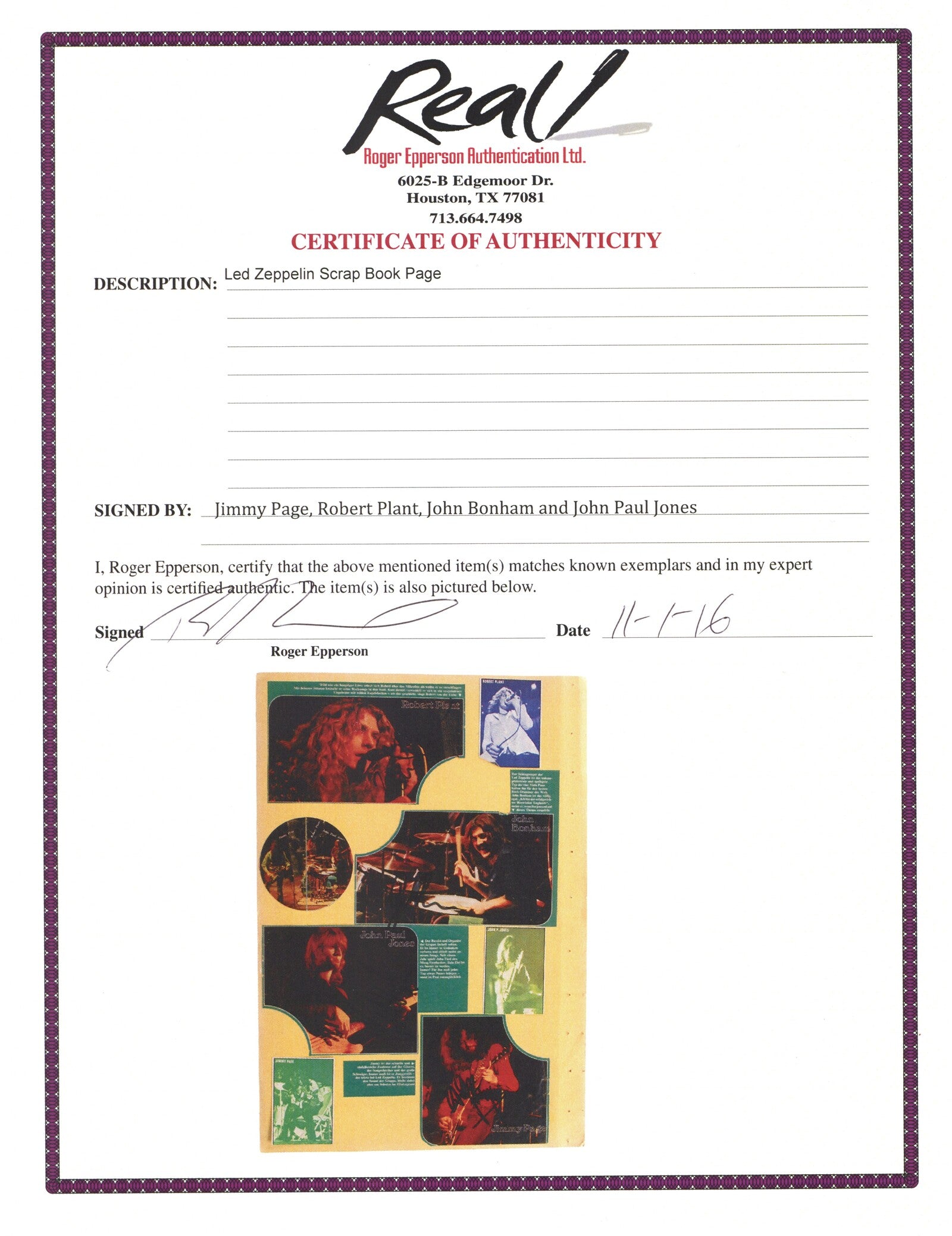Led Zeppelin Autograph 1973