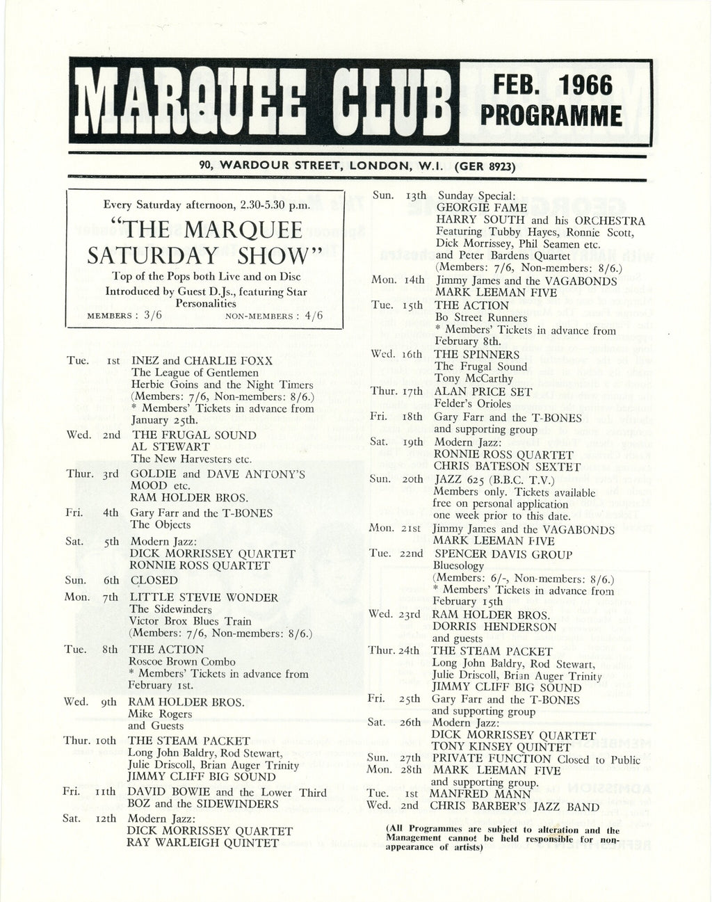 David Bowie / Stevie Wonder 1966 Marquee Club Handbill Flyer
