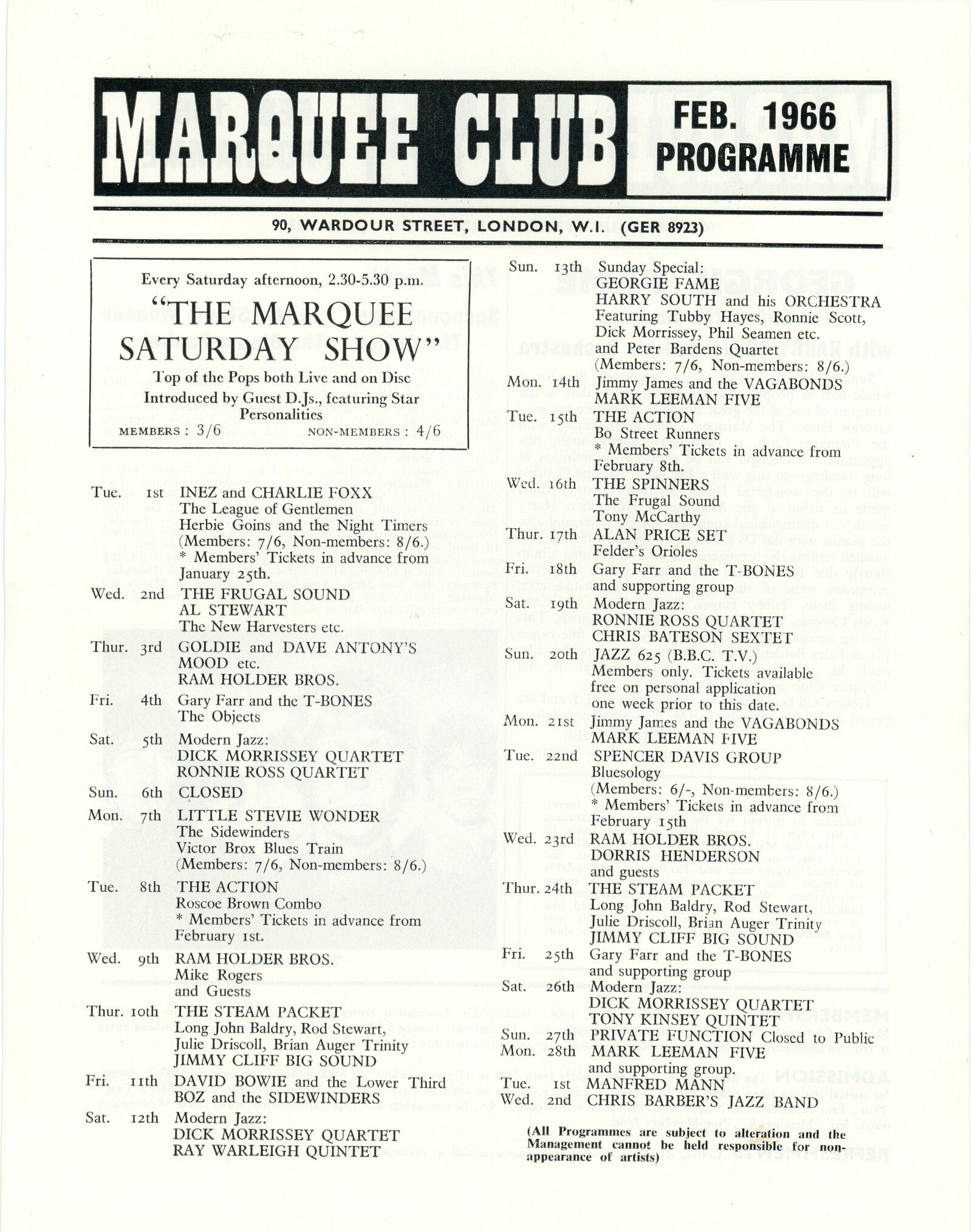 David Bowie / Stevie Wonder 1966 Marquee Club Handbill Flyer
