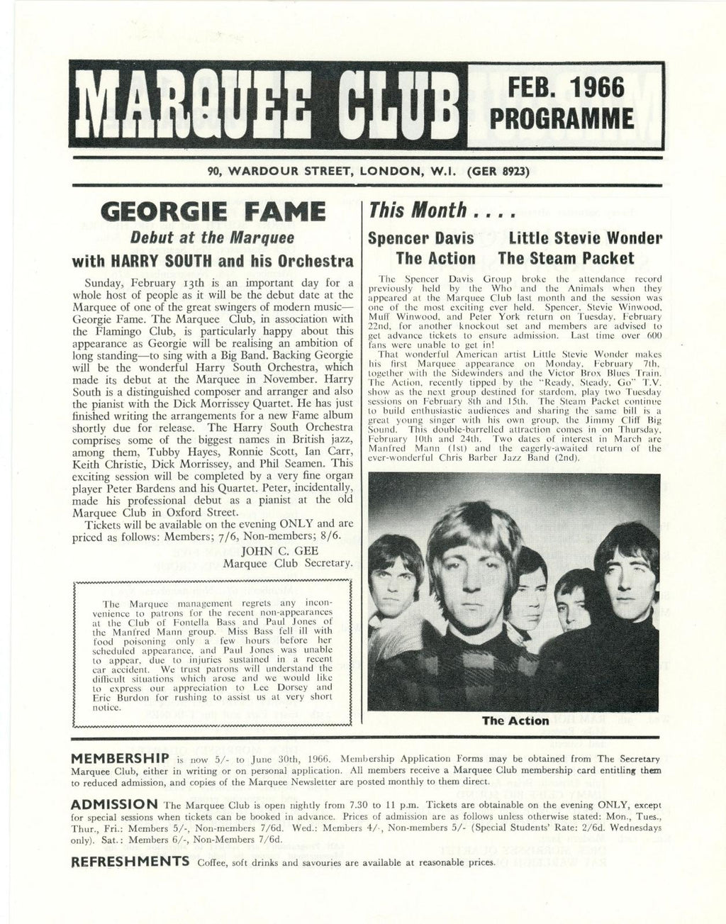 David Bowie / Stevie Wonder 1966 Marquee Club Handbill Flyer