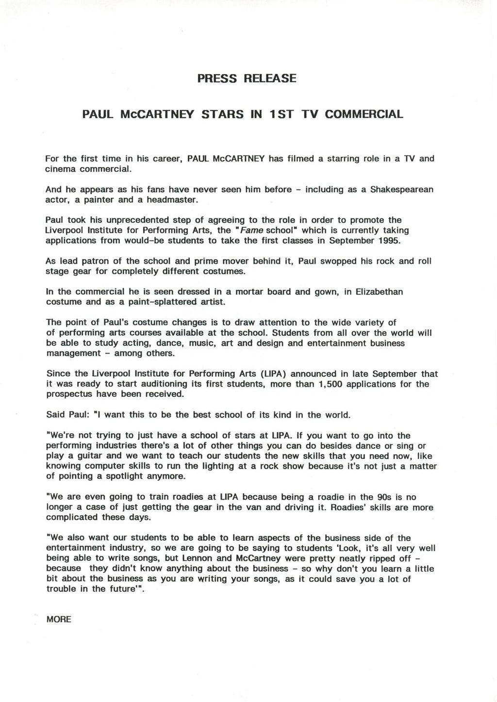 Paul McCartney LIPA Press release and Photographs