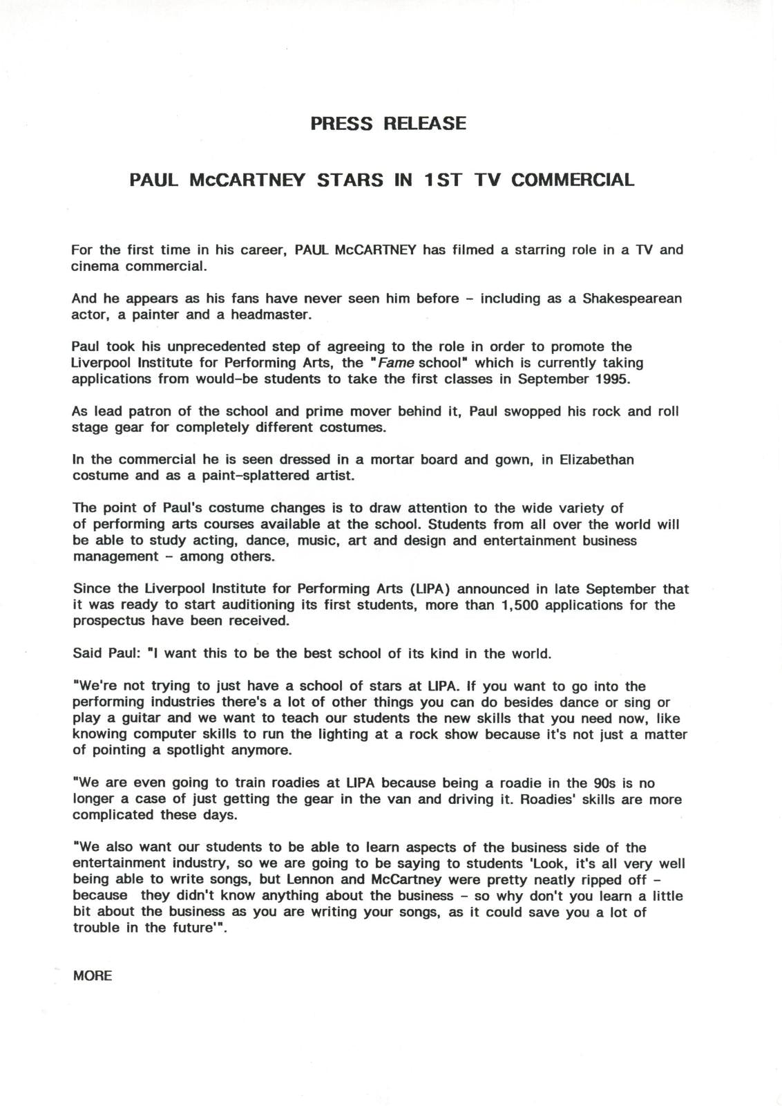 Paul McCartney LIPA Press release and Photographs