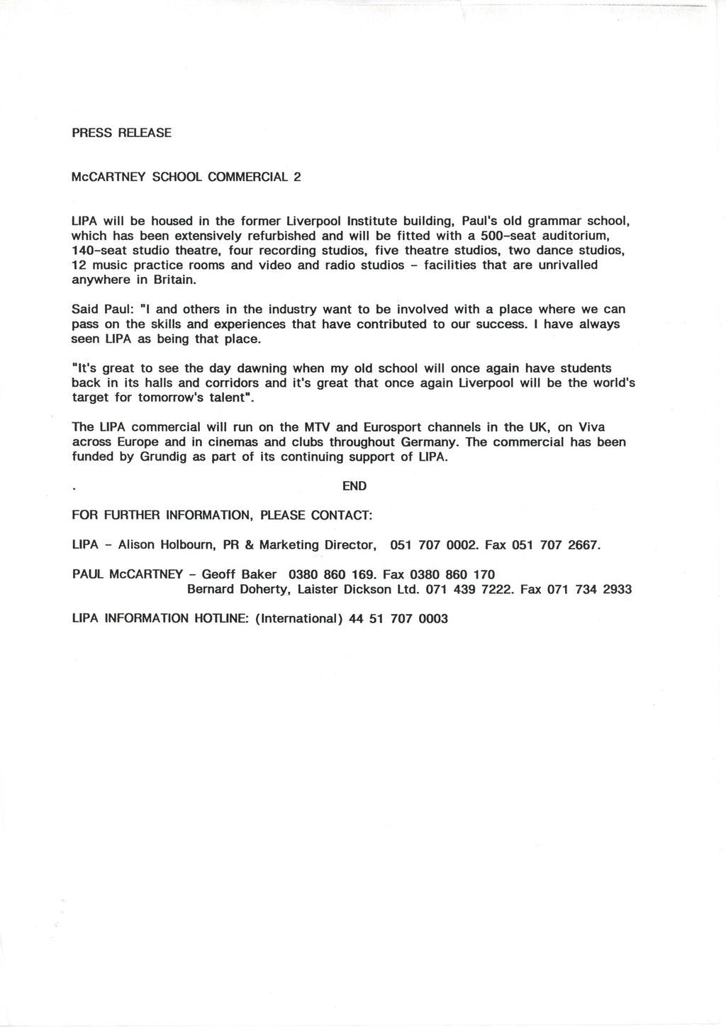 Paul McCartney LIPA Press release and Photographs