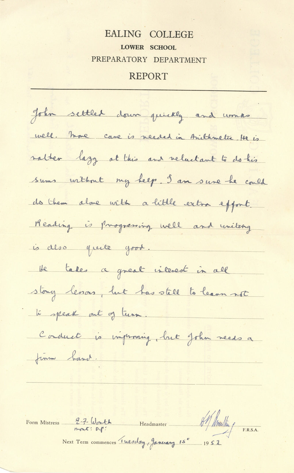 Mitch Mitchell school report card 1951