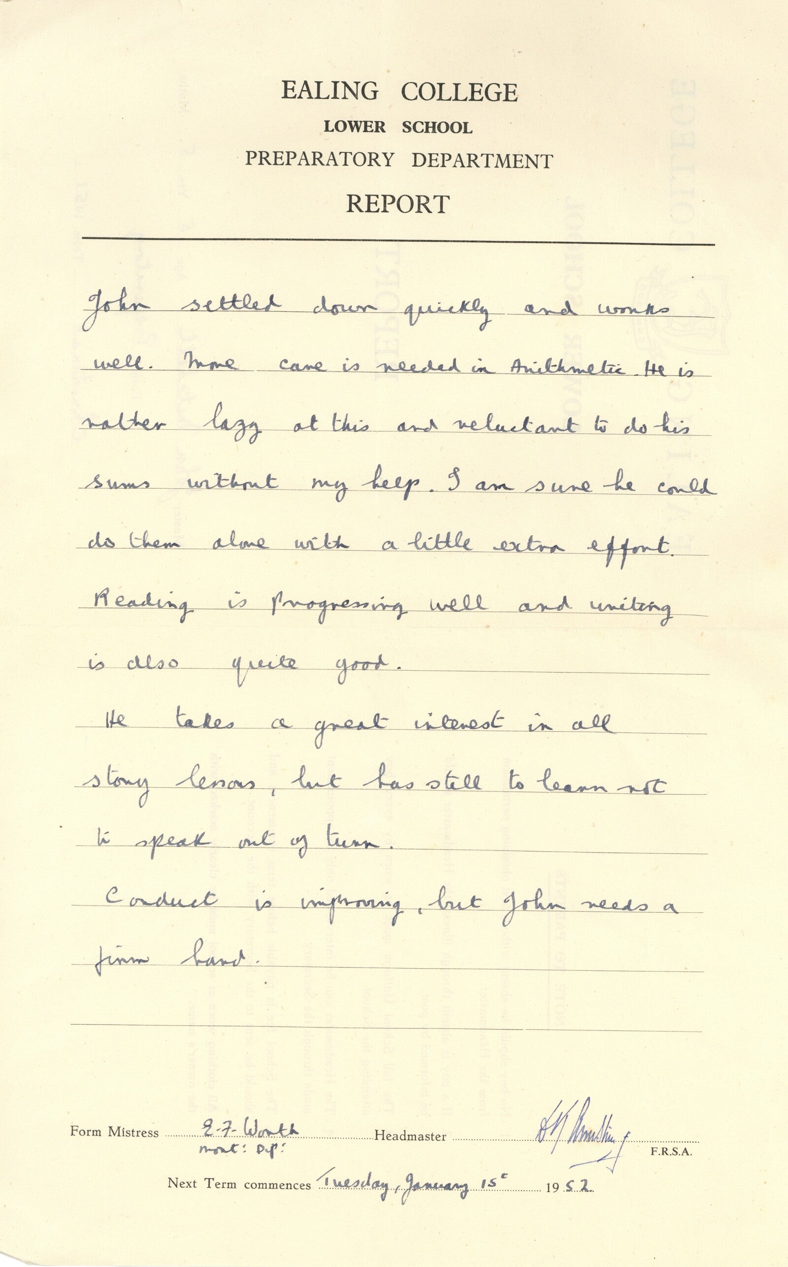 Mitch Mitchell school report card 1951