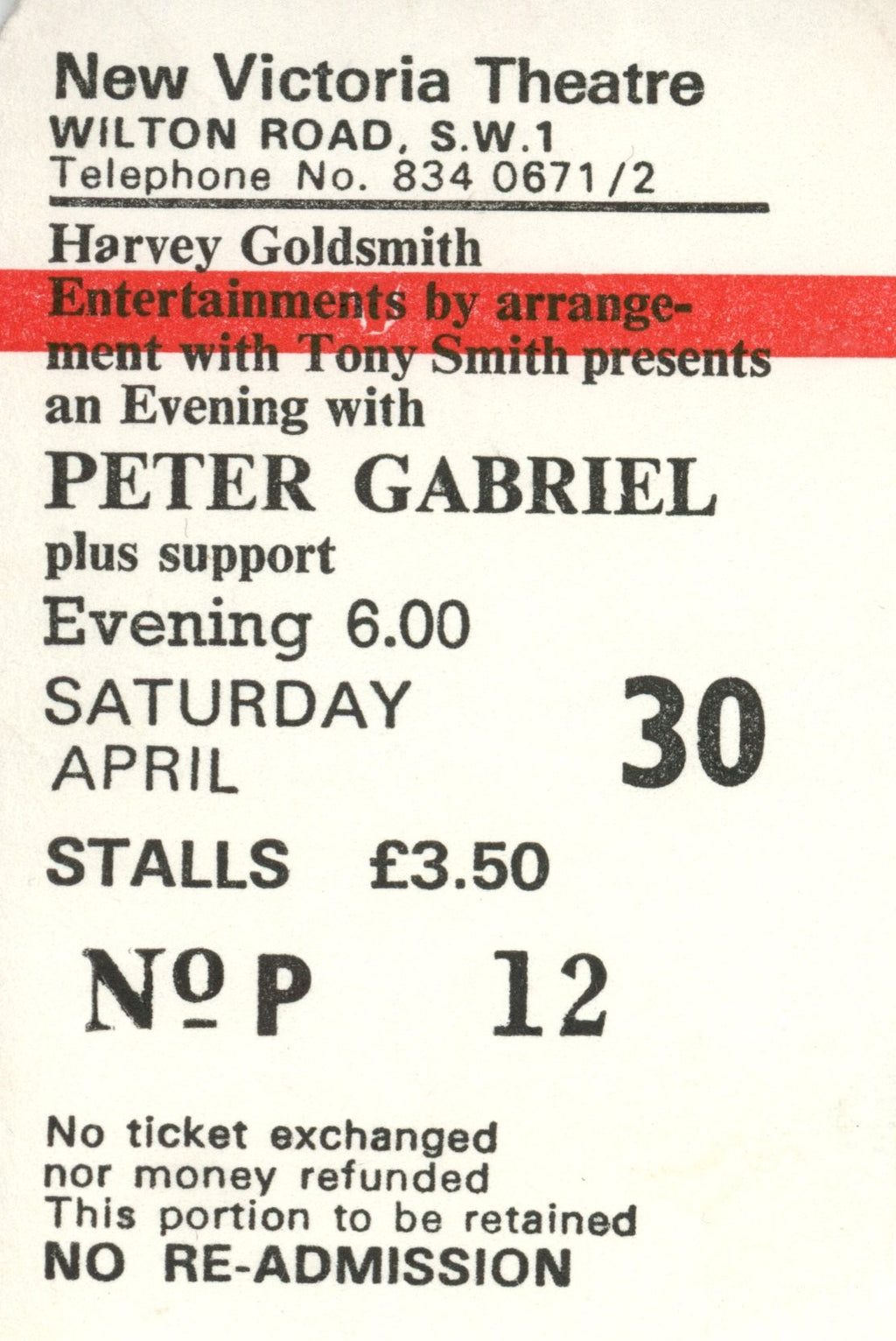 Peter Gabriel New Victoria Theatre negative photographs and tickets