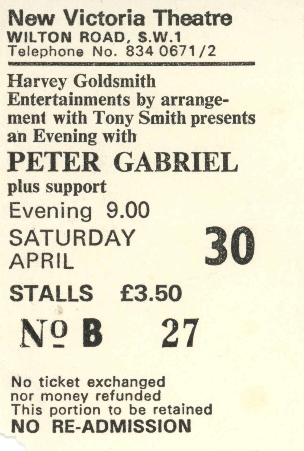 Peter Gabriel New Victoria Theatre negative photographs and tickets