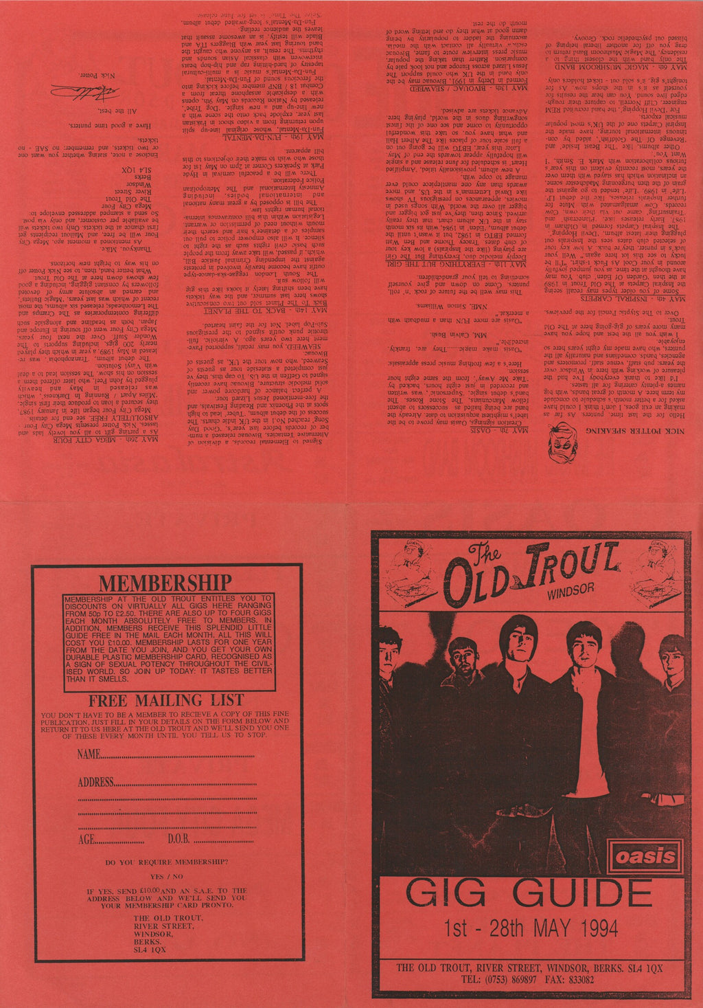 Oasis The Old Trout Windsor "Gig Guide" Flyer, 1994