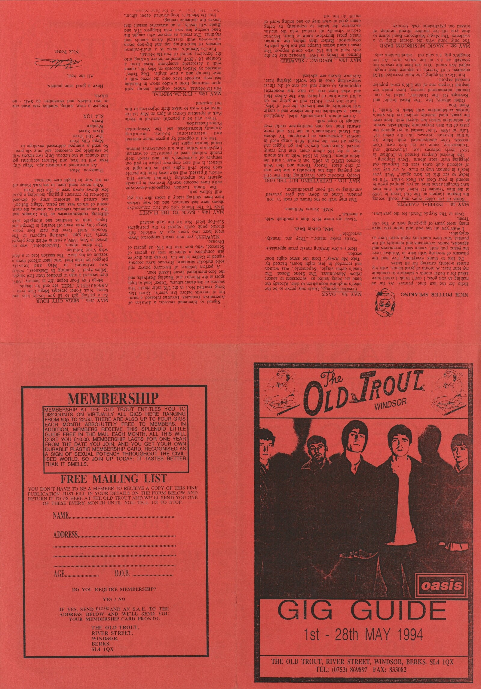 Oasis The Old Trout Windsor "Gig Guide" Flyer, 1994