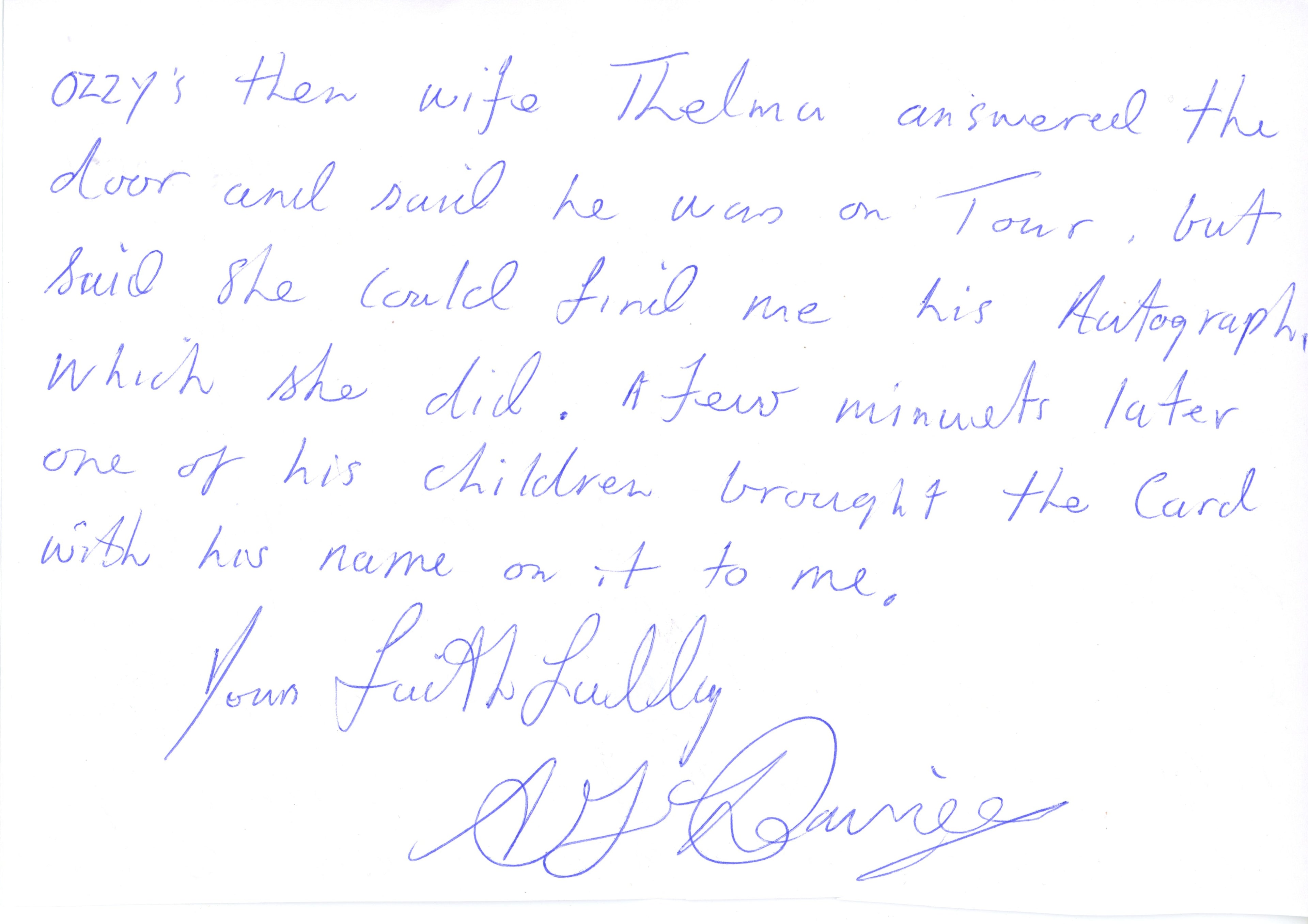 John Ozzy Osbourne autograph 1974