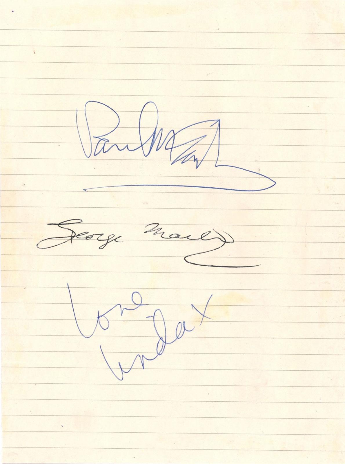 Paul McCartney, Linda McCartney and George Martin autograph 1982