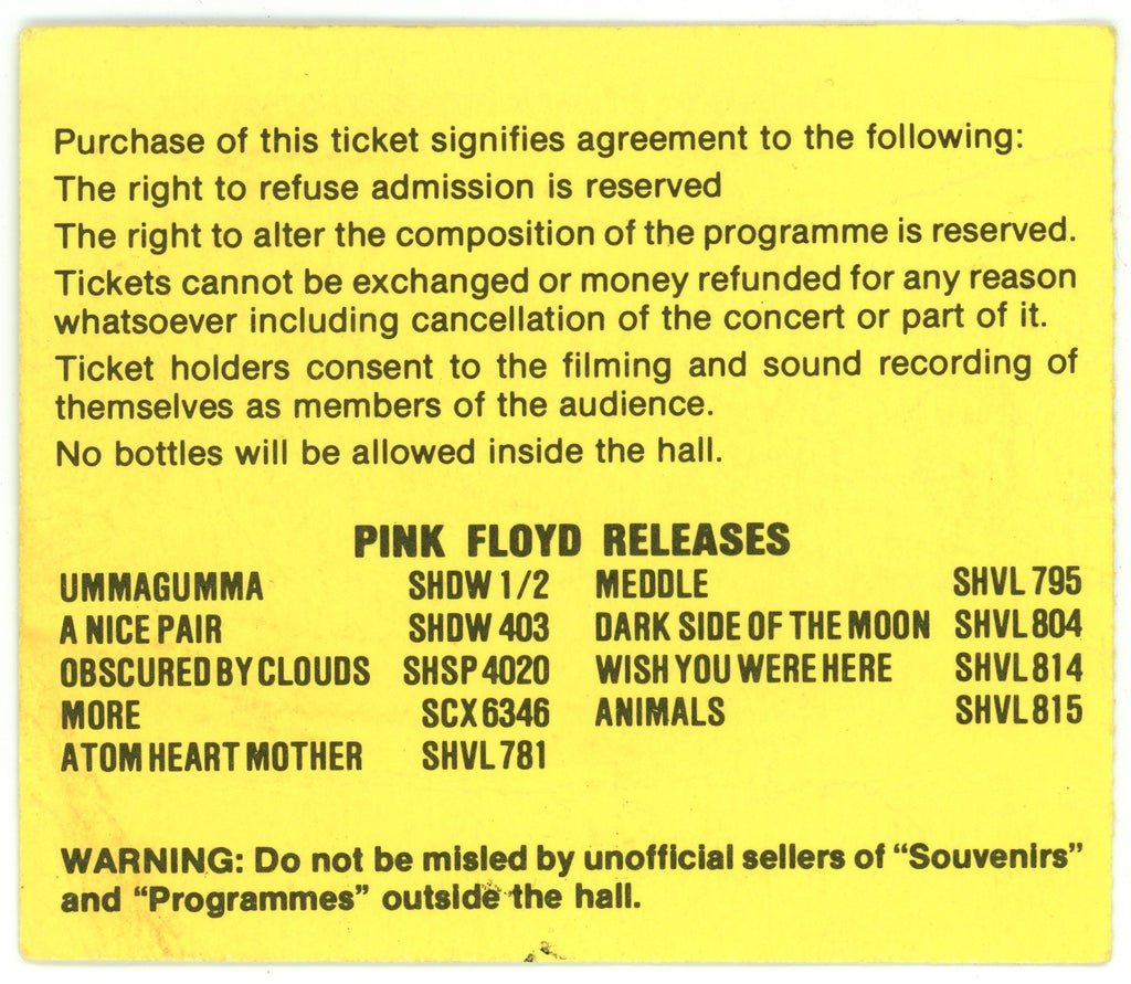 Pink Floyd New Bingley Hall ticket stub 1977