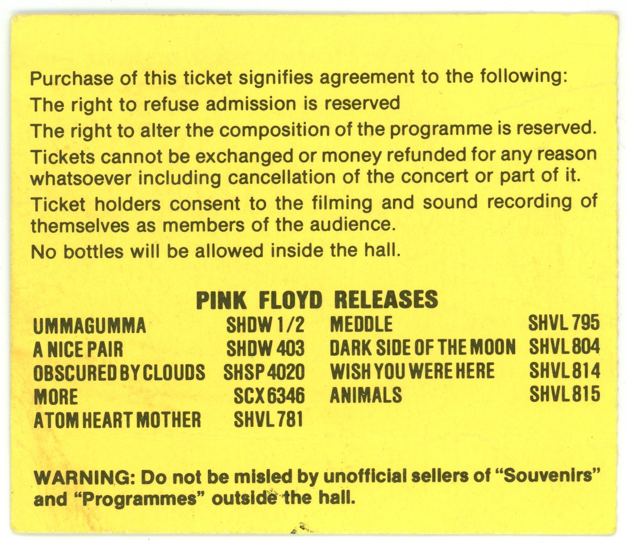 Pink Floyd New Bingley Hall ticket stub 1977