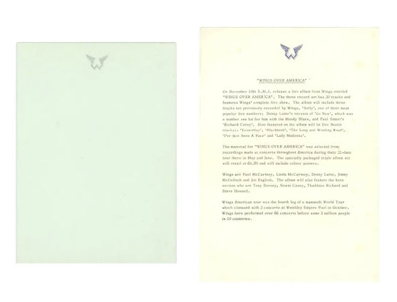 Wings over America Note pad and Press release 1976