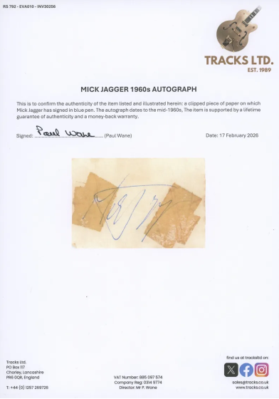 Mick Jagger Autograph 1963