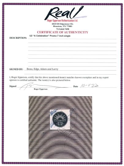 U2 signed ‘A Celebration’ promo 7” single