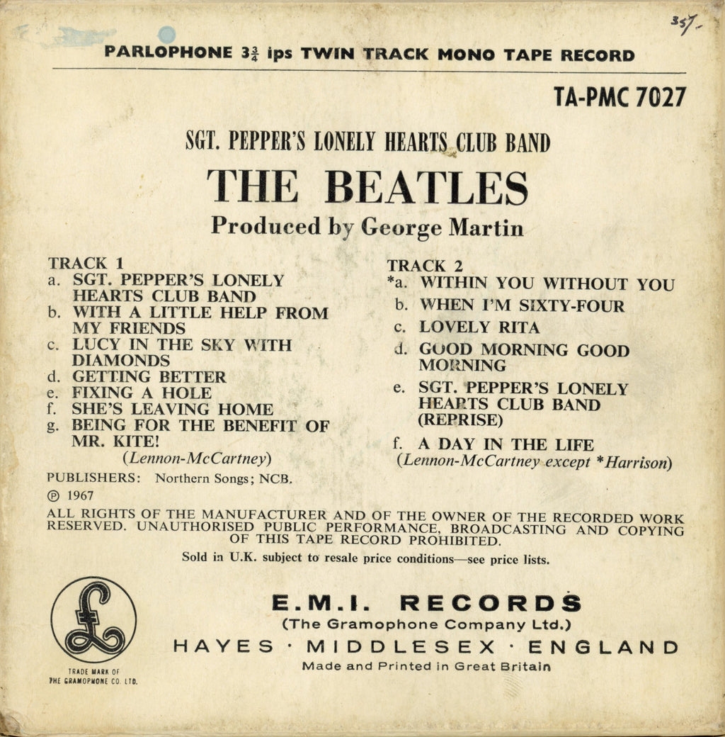 Beatles 1967 Sgt. Pepper’s Lonely Hearts Club Band Reel to Reel Tape
